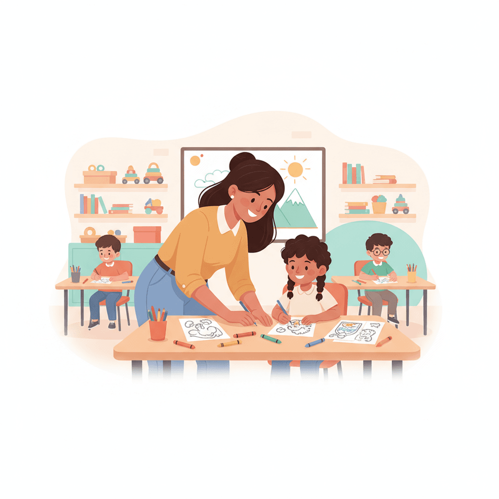 Teacher helping students color pages in a bright classroom