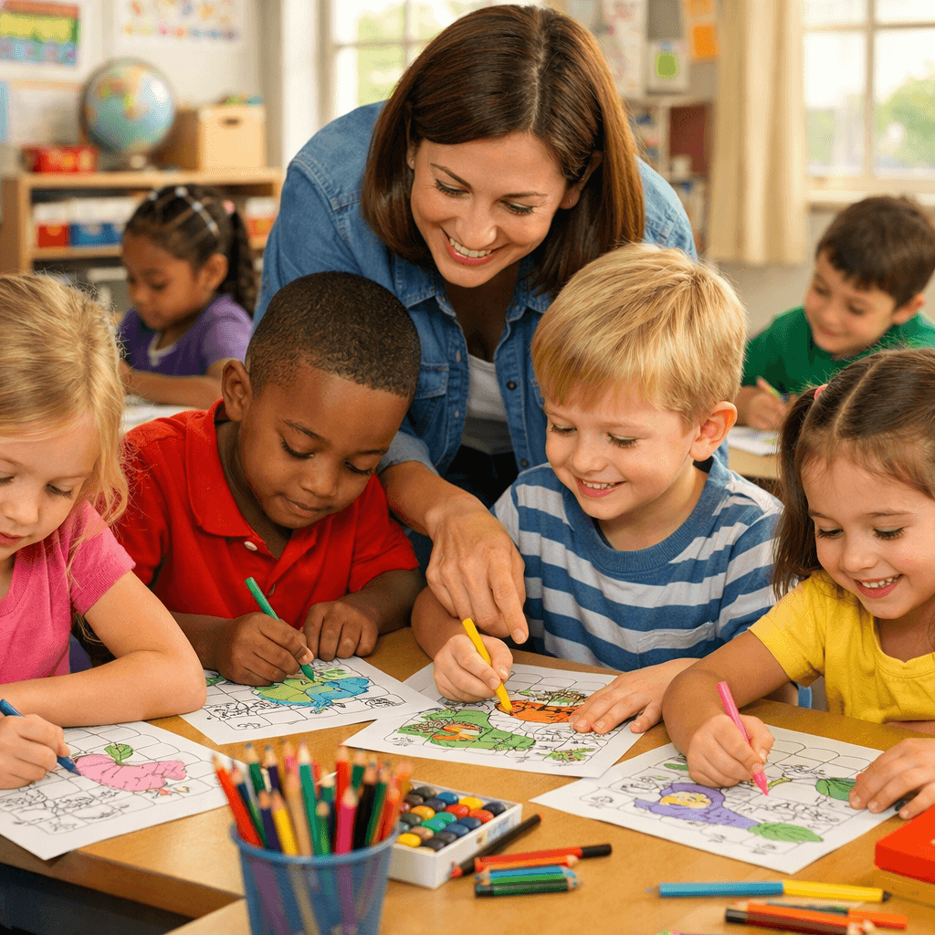 Teacher using coloring pages in classroom