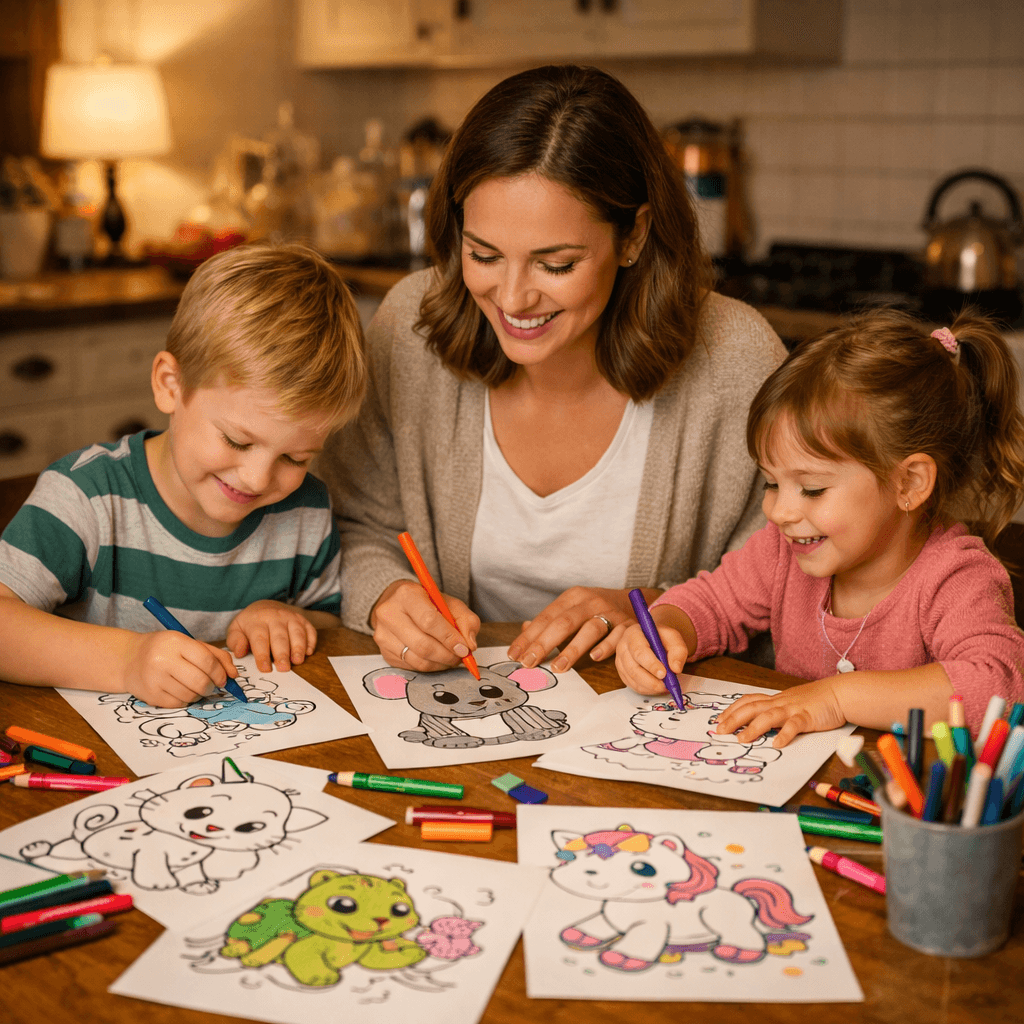 Family coloring together at home